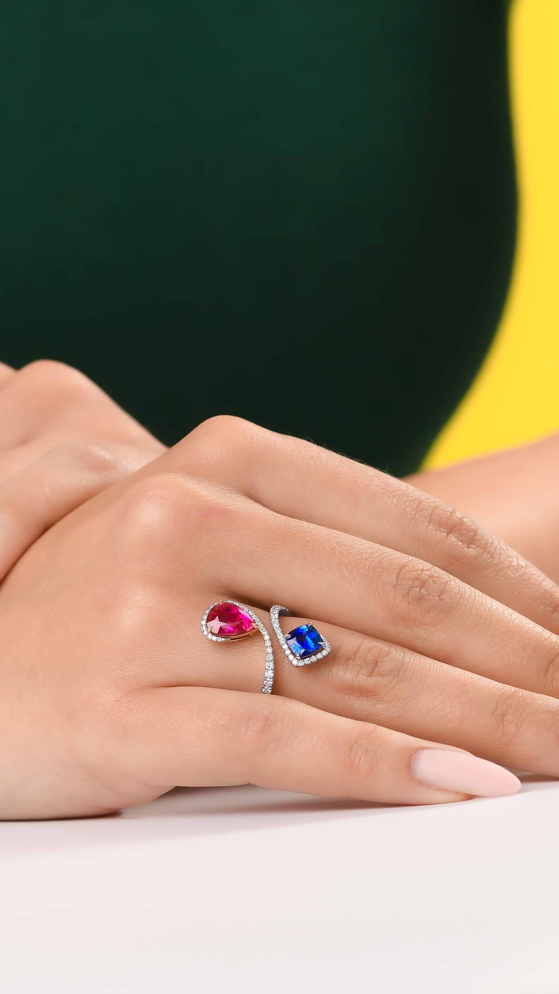 Red Ruby, Blue Sapphire and Diamond 2 Stone Crossover Ring