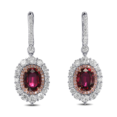 Oval Mozambique Ruby and Diamond Double Halo Earrings, SKU 582055 (6.68Ct TW)