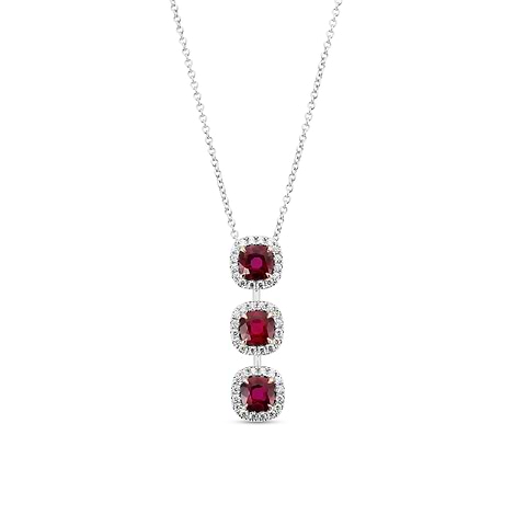 Ruby Cushion and Diamond Three-stone Drop Halo Pendant, SKU 605394 (1.95Ct TW)